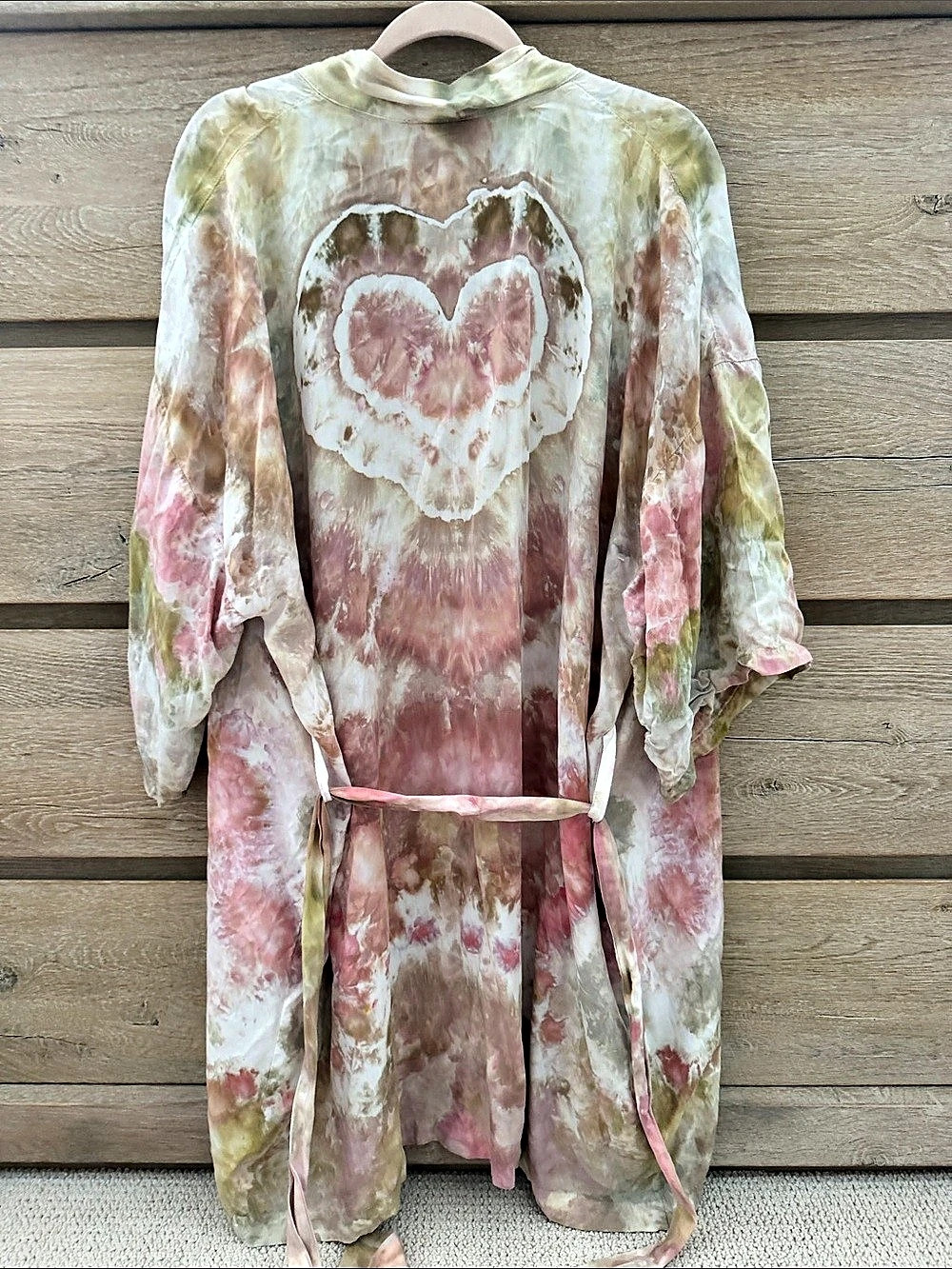 Hand Dyed Tie-Dye Kimono Robe in Pink & Green Like New Rayon with darling heart!